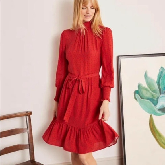 BODEN Carrie Smocked Dress Poinsettia Ruffle Red Long Sleeve - Picture 2 of 14